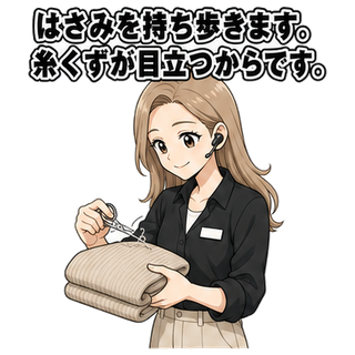 はさみを持ち歩きます。糸くずが目立つからです。