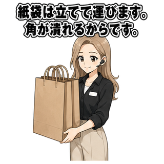 紙袋は立てて運びます。角が潰れるからです。