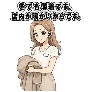 冬でも薄着です。店内が暖かいからです。