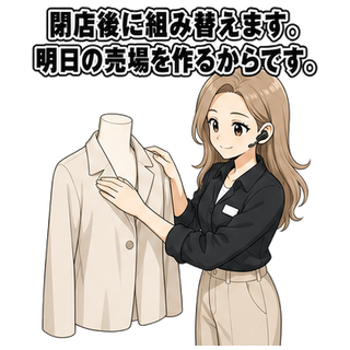閉店後に組み替えます。明日の売場を作るからです。