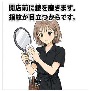 開店前に鏡を磨きます。指紋が目立つからです。