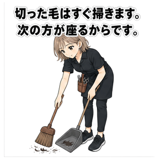 切った毛はすぐ掃きます。次の方が座るからです。