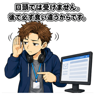 口頭では受けません。後で必ず食い違うからです。
