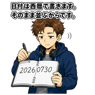 日付は西暦で書きます。そのまま並ぶからです。
