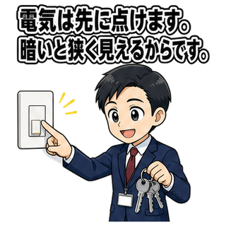 電気は先に点けます。暗いと狭く見えるからです。