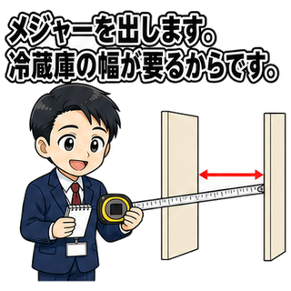 メジャーを出します。冷蔵庫の幅が要るからです。