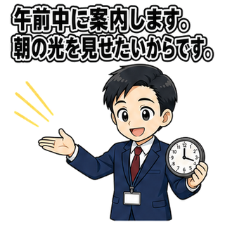午前中に案内します。朝の光を見せたいからです。