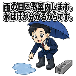雨の日こそ案内します。水はけが分かるからです。
