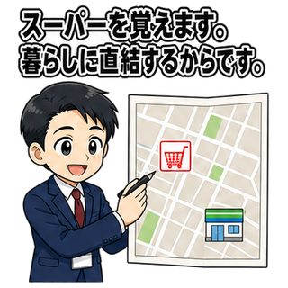 スーパーを覚えます。暮らしに直結するからです。