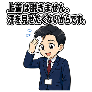 上着は脱ぎません。汗を見せたくないからです。