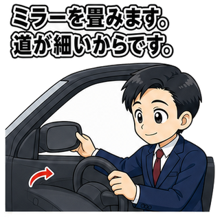 ミラーを畳みます。道が細いからです。