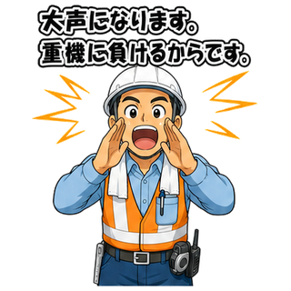 大声になります。重機に負けるからです。
