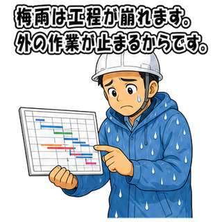 梅雨は工程が崩れます。外の作業が止まるからです。