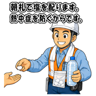 朝礼で塩を配ります。熱中症を防ぐからです。