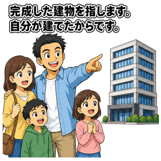 完成した建物を指します。自分が建てたからです。