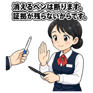 消えるペンは断ります。証拠が残らないからです。