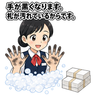 手が黒くなります。札が汚れているからです。