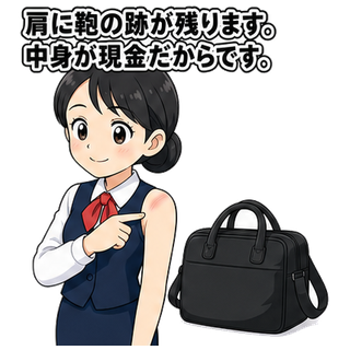 肩に鞄の跡が残ります。中身が現金だからです。