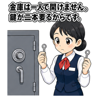 金庫は一人で開けません。鍵が二本要るからです。
