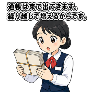 通帳は束で出てきます。繰り越しで増えるからです。