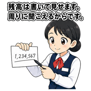 残高は書いて見せます。周りに聞こえるからです。