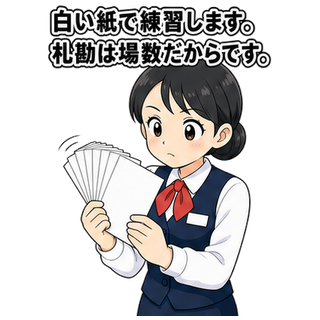 白い紙で練習します。札勘は場数だからです。