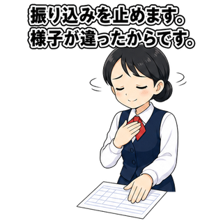 振り込みを止めます。様子が違ったからです。
