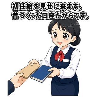 初任給を見せに来ます。昔つくった口座だからです。