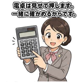 電卓は見せて押します。一緒に確かめるからです。