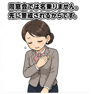 同窓会では名乗りません。先に警戒されるからです。