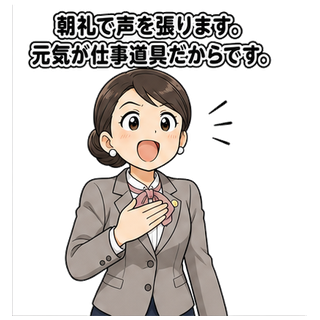 朝礼で声を張ります。元気が仕事道具だからです。