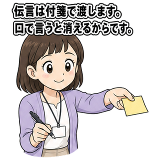 伝言は付箋で渡します。口で言うと消えるからです。