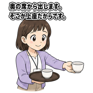 奥の席から出します。そこが上座だからです。