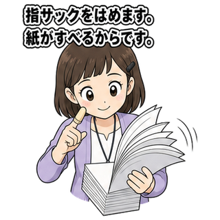 指サックをはめます。紙がすべるからです。
