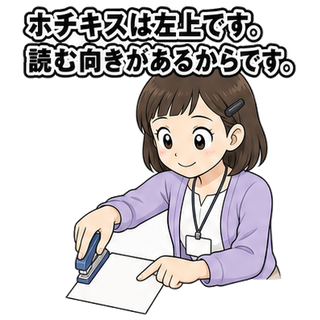 ホチキスは左上です。読む向きがあるからです。