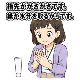 指先ががさがさです。紙が水分を取るからです。