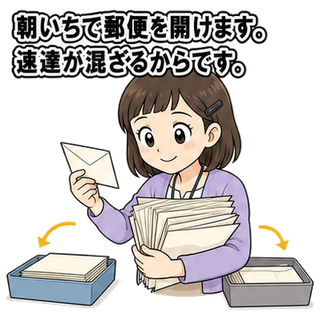 朝いちで郵便を開けます。速達が混ざるからです。
