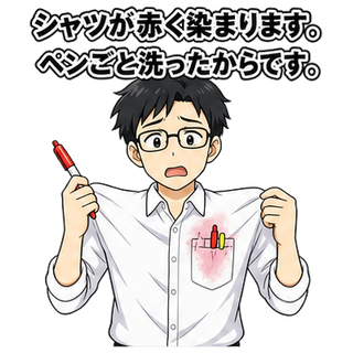 シャツが赤く染まります。ペンごと洗ったからです。
