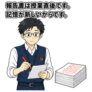 報告書は授業直後です。記憶が新しいからです。