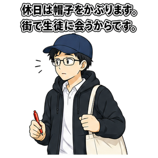 休日は帽子をかぶります。街で生徒に会うからです。