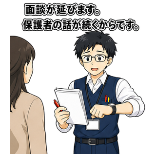 面談が延びます。保護者の話が続くからです。