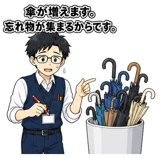 傘が増えます。忘れ物が集まるからです。