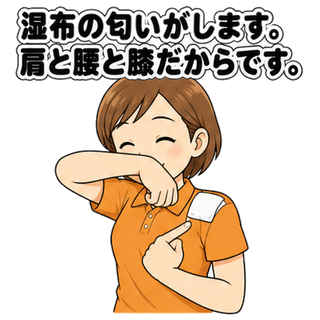 湿布の匂いがします。肩と腰と膝だからです。