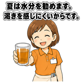 夏は水分を勧めます。渇きを感じにくいからです。