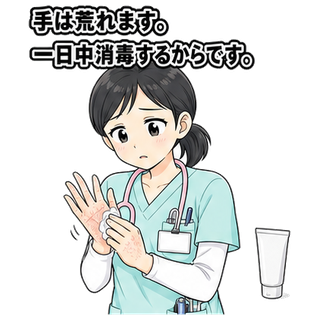 手は荒れます。一日中消毒するからです。