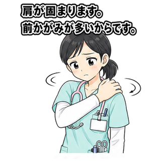 肩が固まります。前かがみが多いからです。