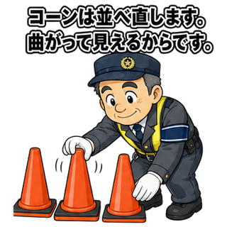 コーンは並べ直します。曲がって見えるからです。