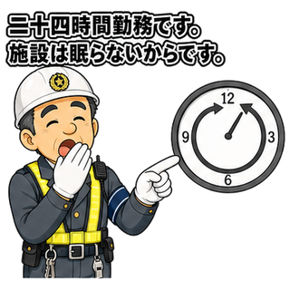 二十四時間勤務です。施設は眠らないからです。