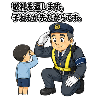 敬礼を返します。子どもが先だからです。