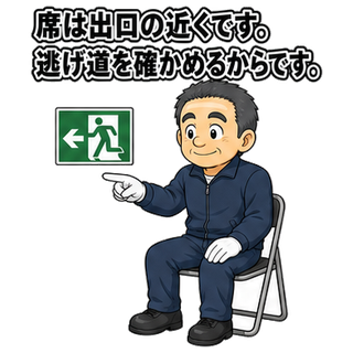 席は出口の近くです。逃げ道を確かめるからです。